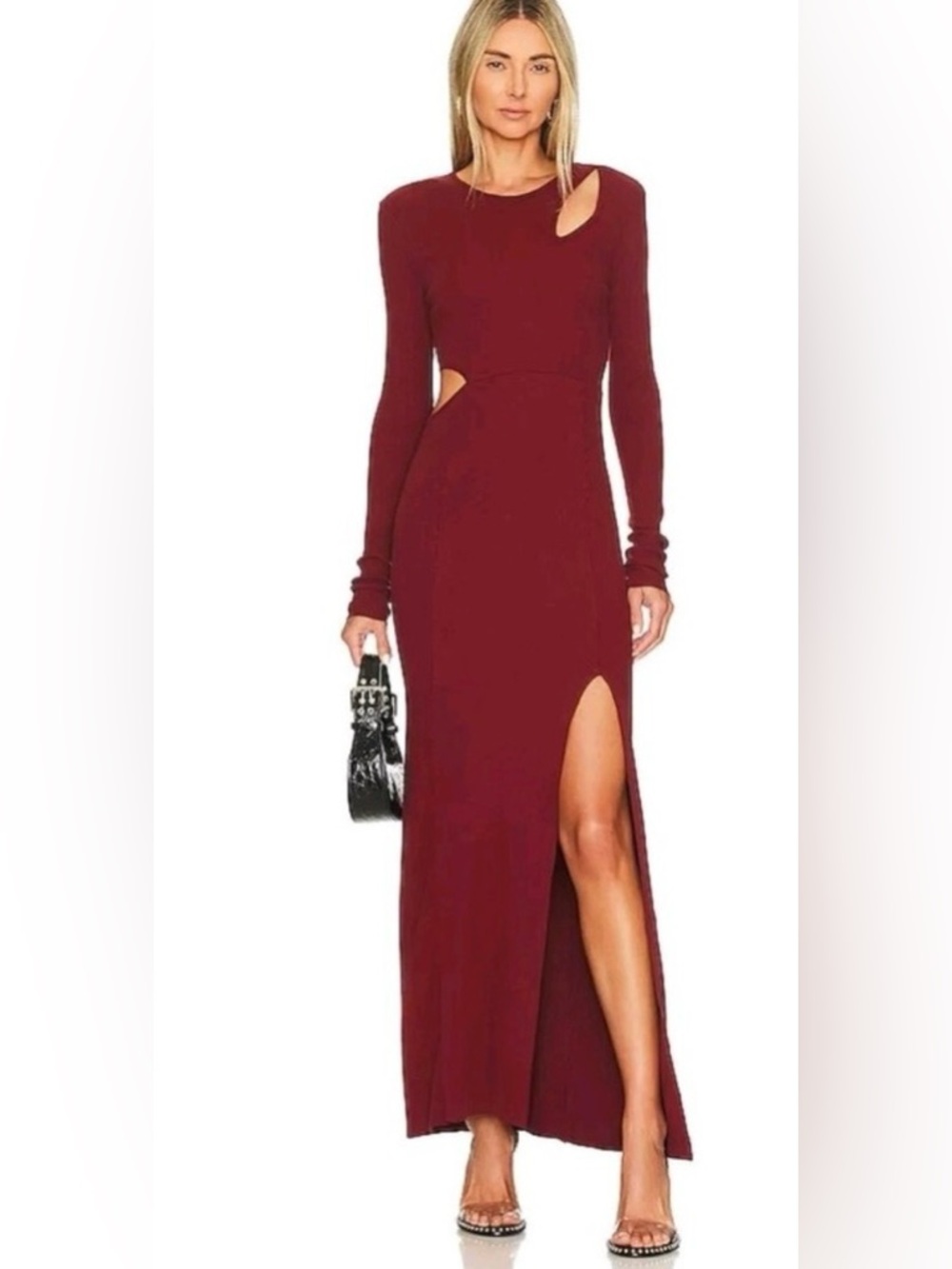The Range Long Sleeve Burgundy Cutout Ribbed Maxi Dress with Thigh Slit, Sz. L